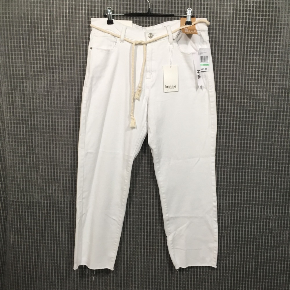Kensie Jeans High Rise Stovepipe‎ White Denim Rope Belt Frayed Hem 8/29 NEW
